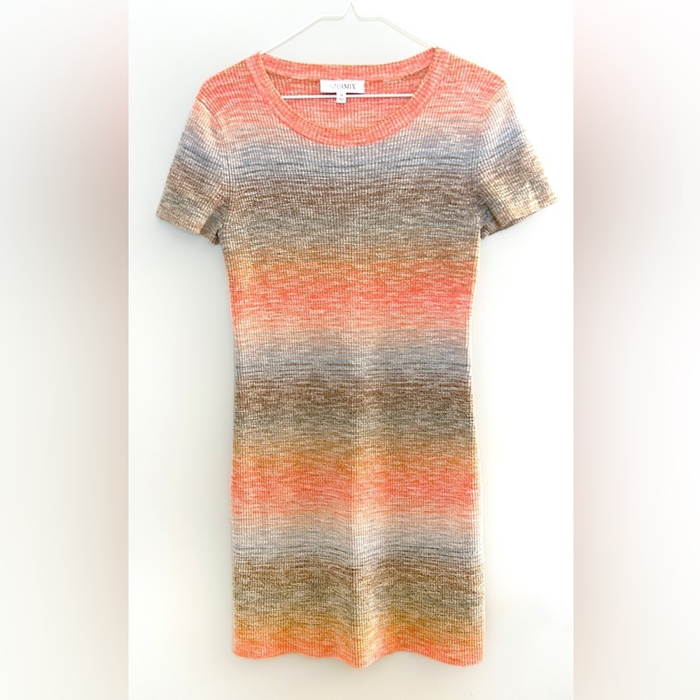 INTERMIX Jace Rib Knit Mini Dress Sunset Ombre Stripe Short Sleeve Size M